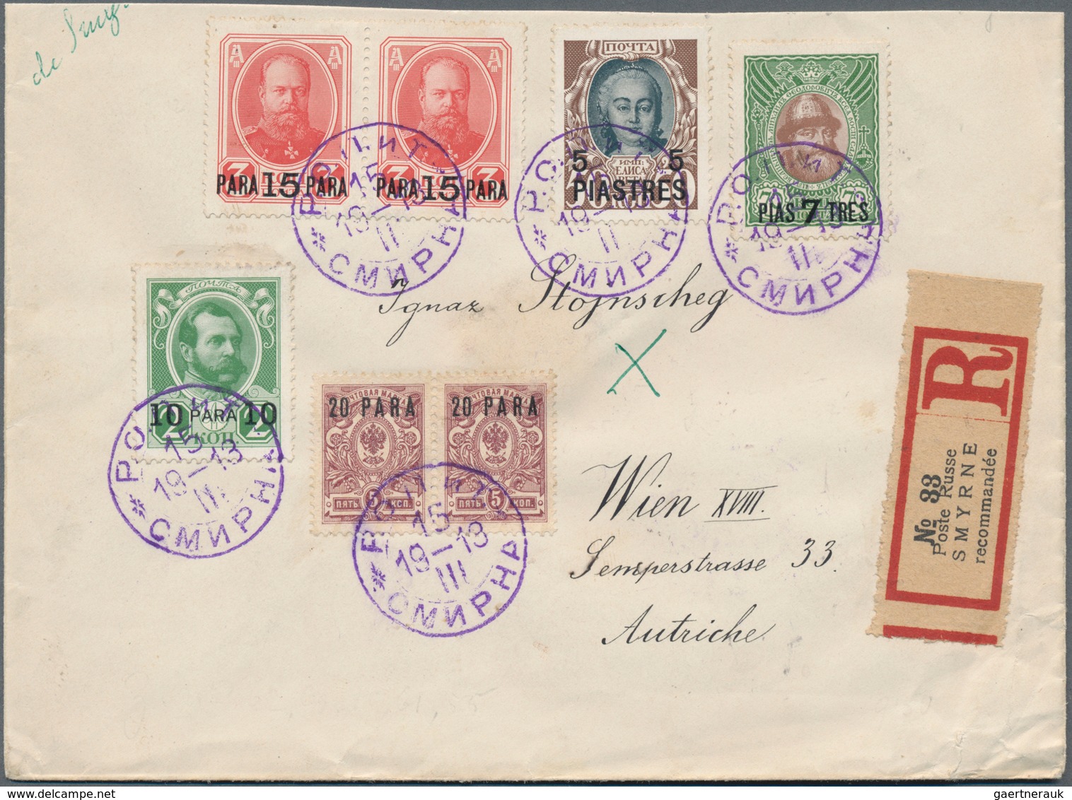Russische Post In Der Levante - Staatspost: 1913, Colourful Mixed Franking With Violet Double Circle - Levant