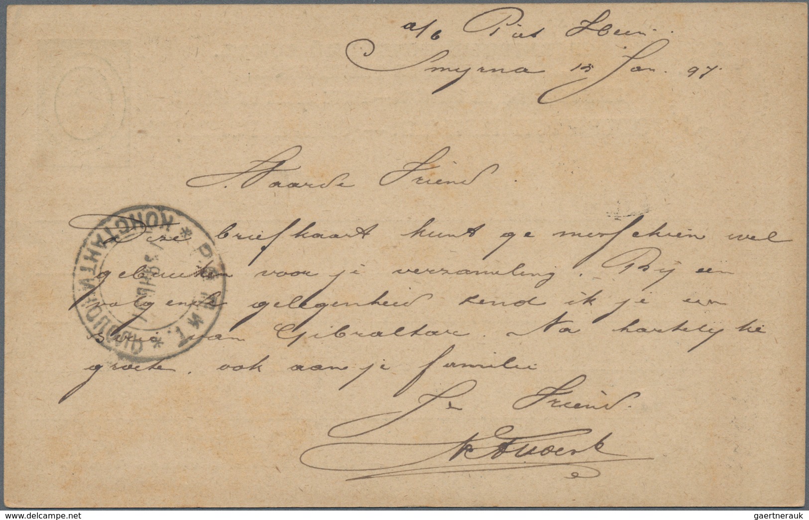 Russische Post In Der Levante - Ganzsachen: 1897, 4 K Green Psc With Blue Cds Ropit SMYRNA, 16.JAN 9 - Levant