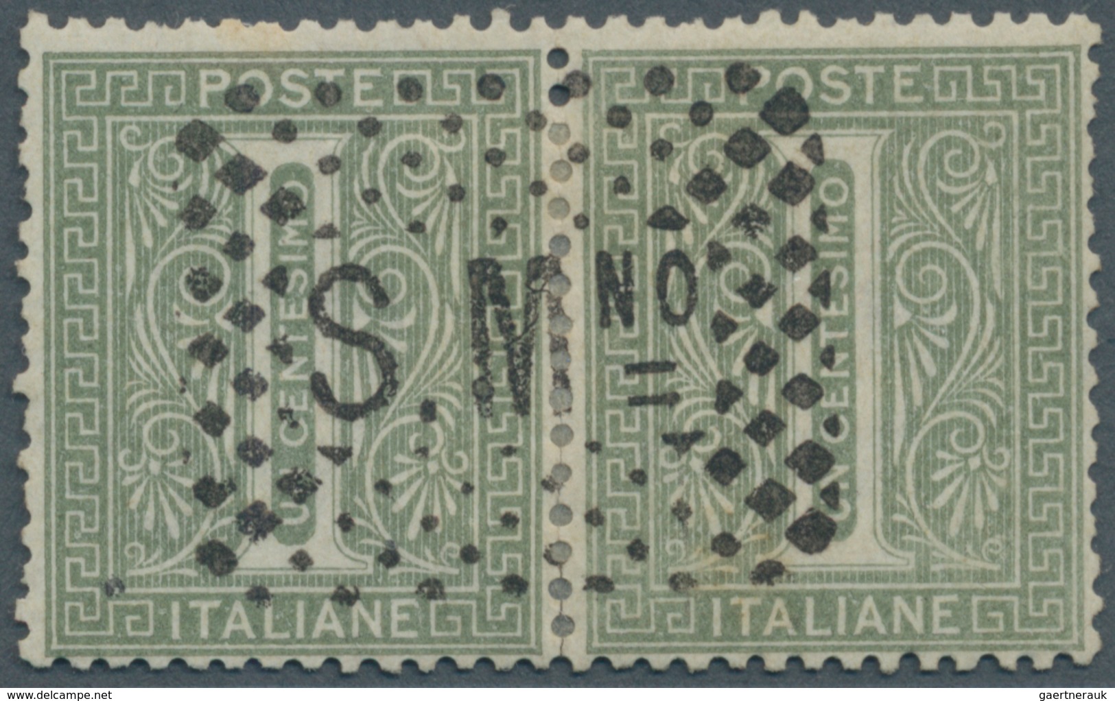 San Marino: FORERUNNER ITALY: 1863, 1 C Gray Olive Horizontal Pair Cancelled With Clear "S.Mno." In - Sonstige & Ohne Zuordnung