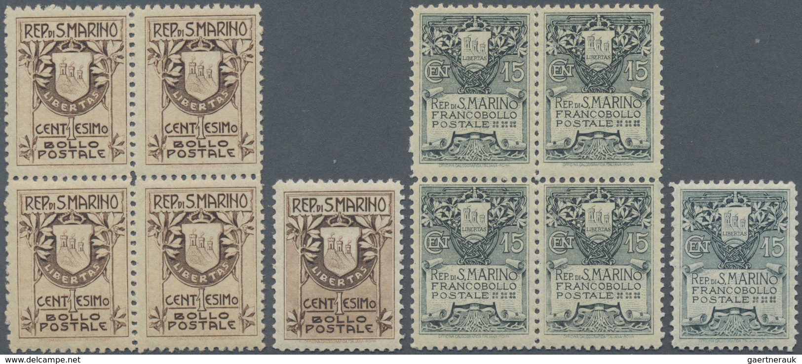San Marino: 1907, 1 C Sepia And 15 C Grey-green Type II In Blocks Of Four (prefolded) And Single Sta - Andere & Zonder Classificatie