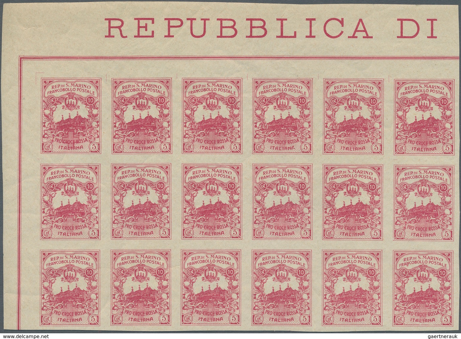 San Marino: 1916, Imperforate PROOF For UNISSUED RED CROSS Stamp 'Pro Croce Rossa' 10+5cent. Carmine - Sonstige & Ohne Zuordnung