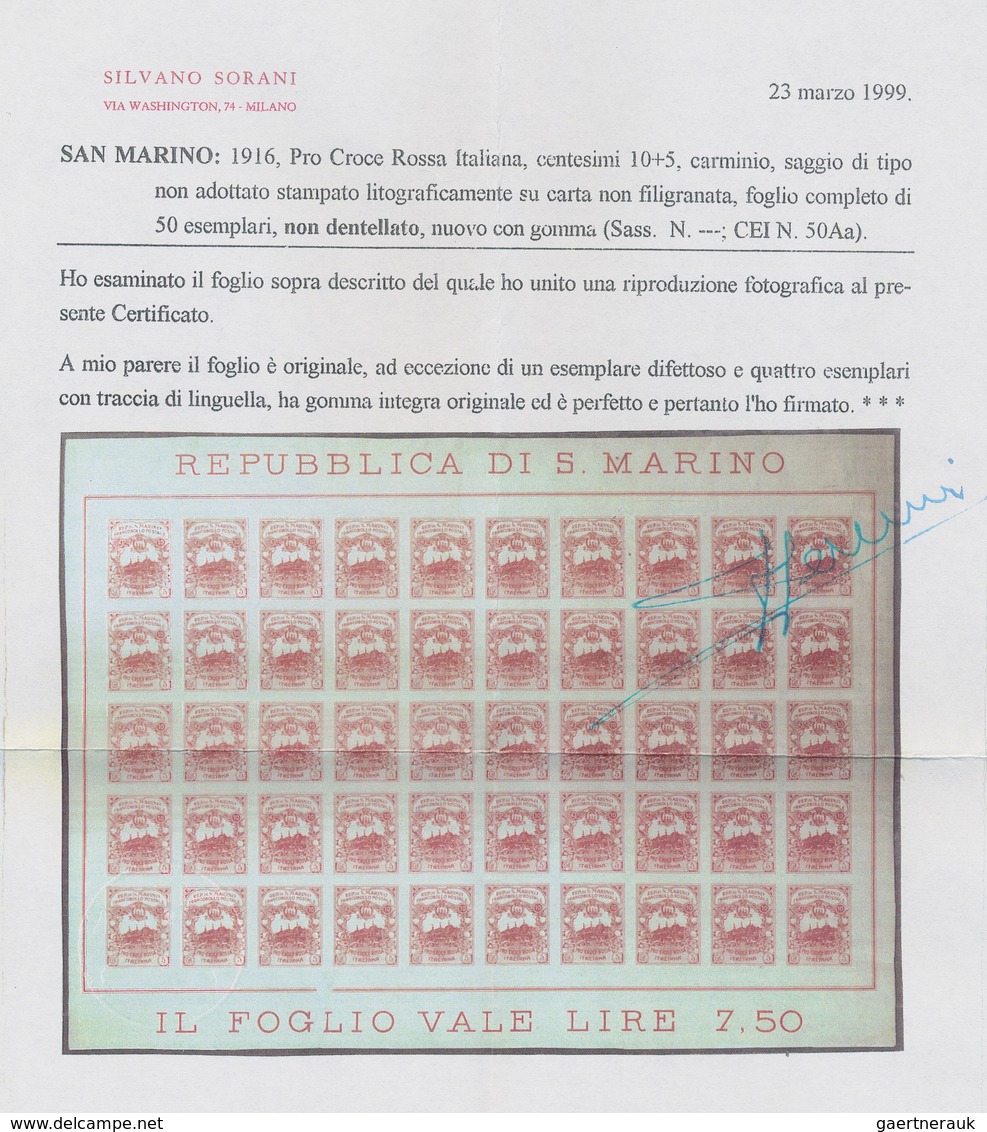 San Marino: 1916, Imperforate PROOF For UNISSUED RED CROSS Stamp 'Pro Croce Rossa' 10+5cent. Carmine - Other & Unclassified