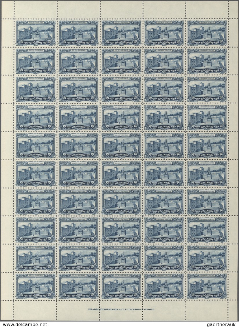 San Marino: 1927, War Memorial Complete Set Of Three In Complete Folded Sheets With 50 Sets And Impr - Other & Unclassified