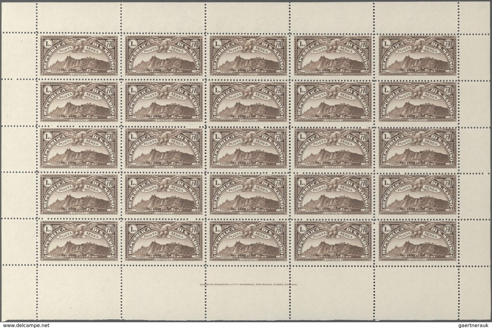 San Marino: 1931, Airmail Stamp ‚Monte Titano‘ 7.70l. Brown Complete Folded Sheet With 25 Stamps And - Other & Unclassified