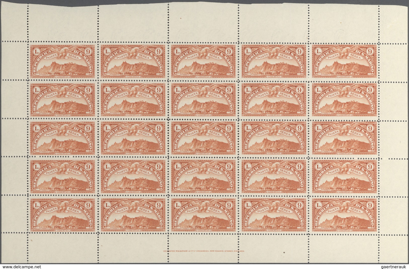 San Marino: 1931, Airmail Stamp ‚Monte Titano‘ 9l. Orange Complete Folded Sheet With 25 Stamps And I - Andere & Zonder Classificatie