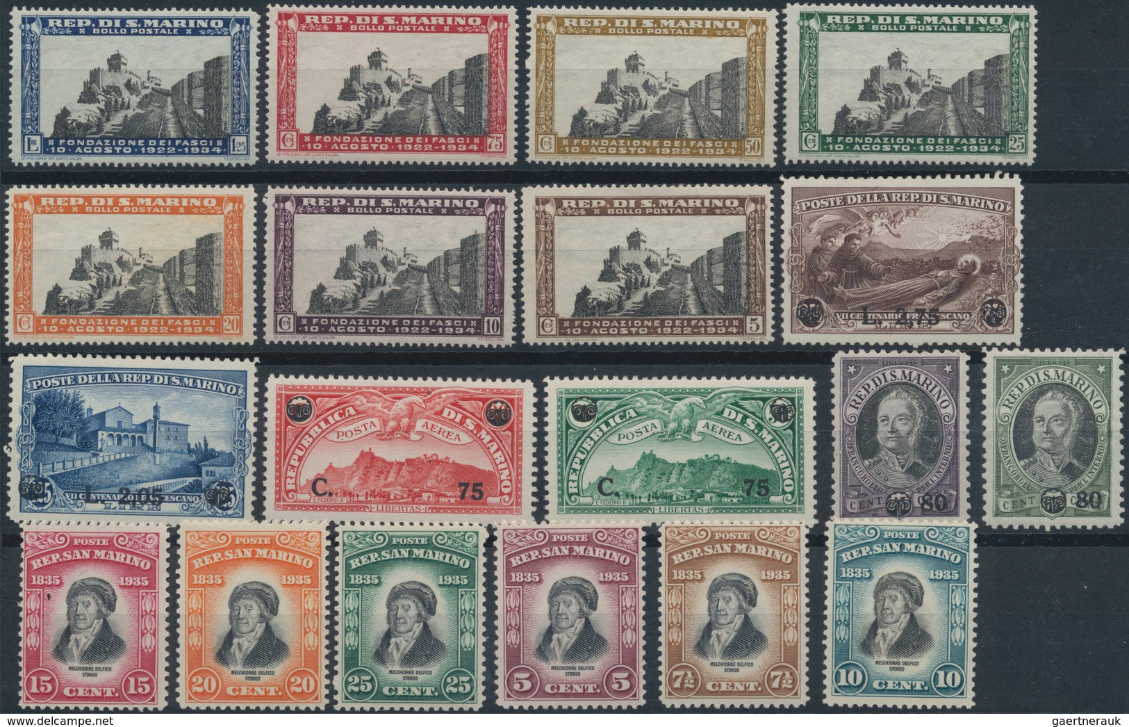 San Marino: 1935/1938, Year Sets. Sassone 186/212+A17/18 Mint Never Hinged. Catalogue Value 1026 €. - Andere & Zonder Classificatie