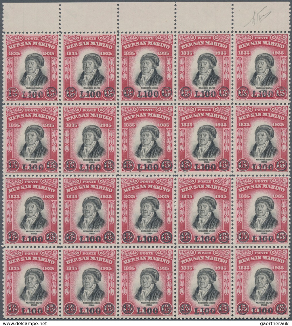 San Marino: 1948, Melcchiorre Delfico 15c. Carmine/black Surcharged ‚L.100‘ Block Of 20 (horiz. Cent - Sonstige & Ohne Zuordnung