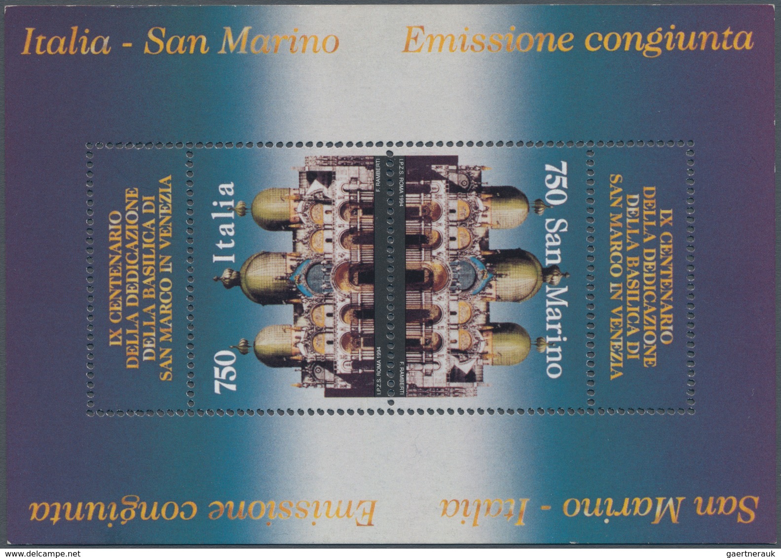 San Marino: 1994. Joint Issue Italy-San Marino "San Marco Basilica In Venice", Mint Never Hinged Wit - Andere & Zonder Classificatie