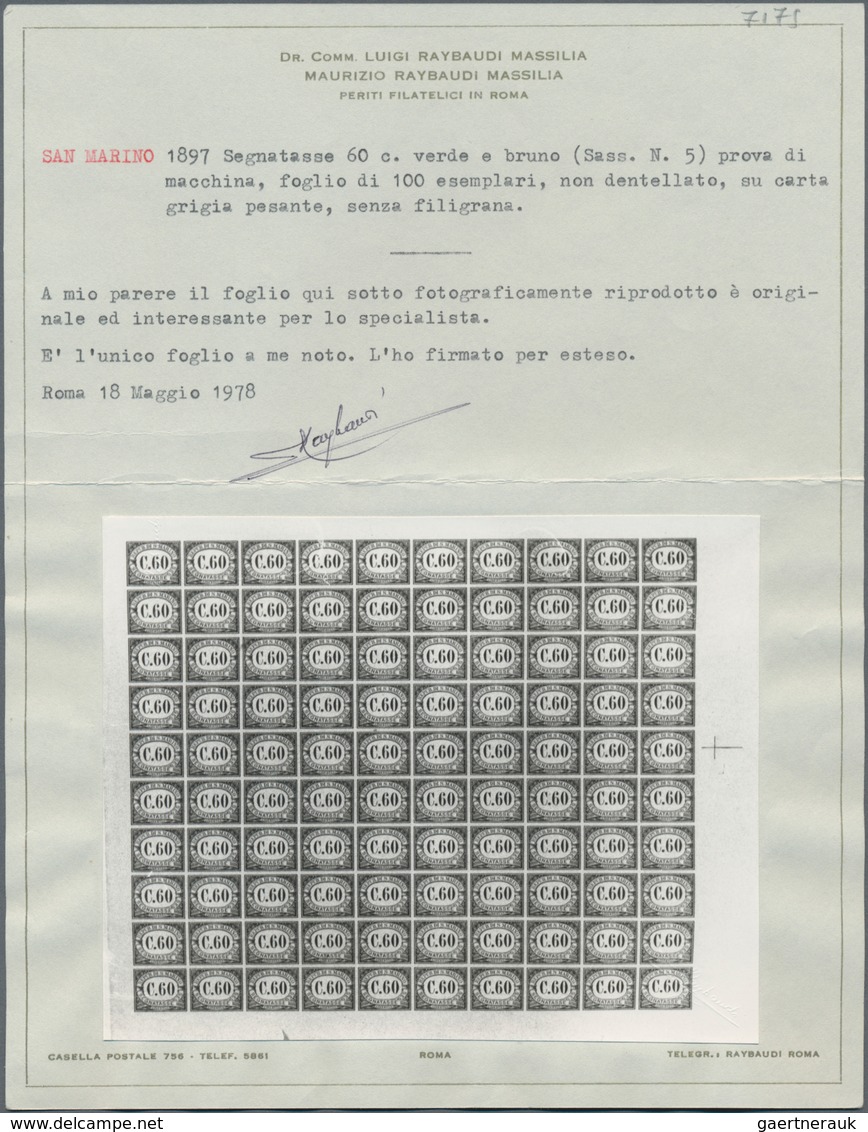 San Marino - Portomarken: 1897, 60c. Green/brown, Imperforate Proof On Unwatermarked Ungummed Paper, - Portomarken