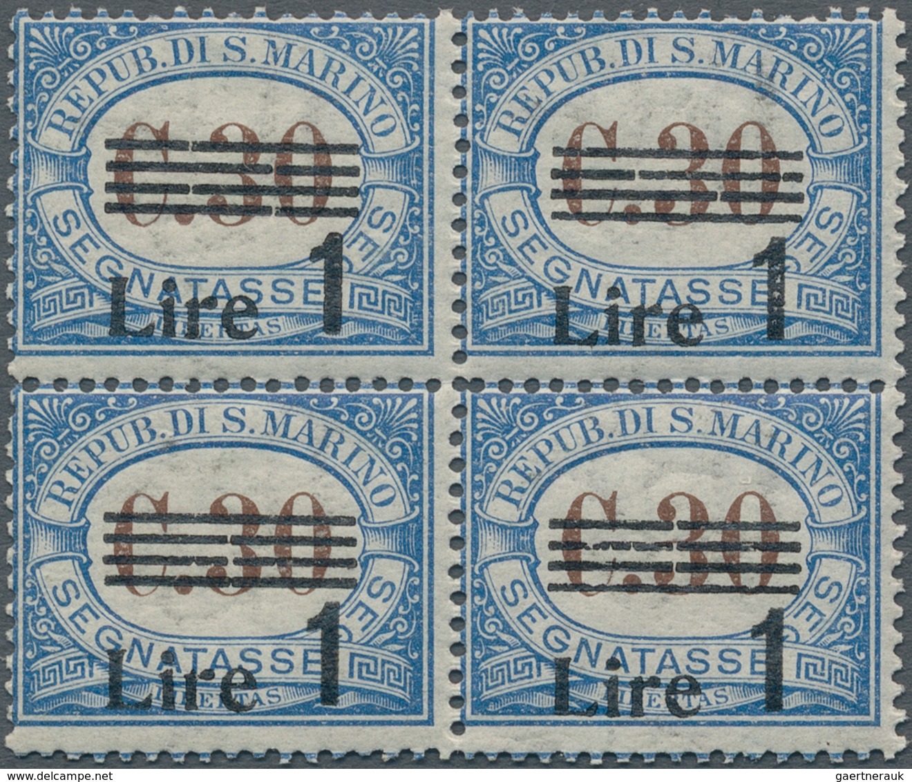 San Marino - Portomarken: 1936, Postage Due 30c. Blue/brown Surch. ‚Lire 1‘ Block Of Four, Mint Neve - Strafport