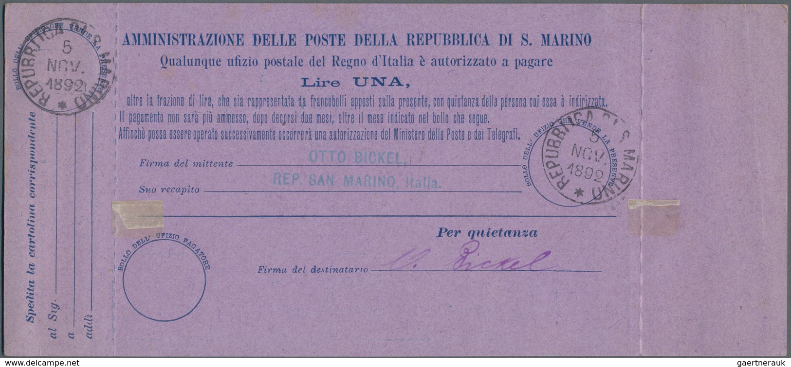 San Marino - Ganzsachen: 1892: 10 C Blue On Violet Postal Stationery Money Order, Uprated With 2 C G - Postwaardestukken