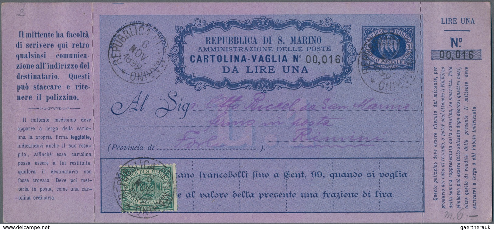 San Marino - Ganzsachen: 1892: 10 C Blue On Violet Postal Stationery Money Order, Uprated With 2 C G - Postal Stationery