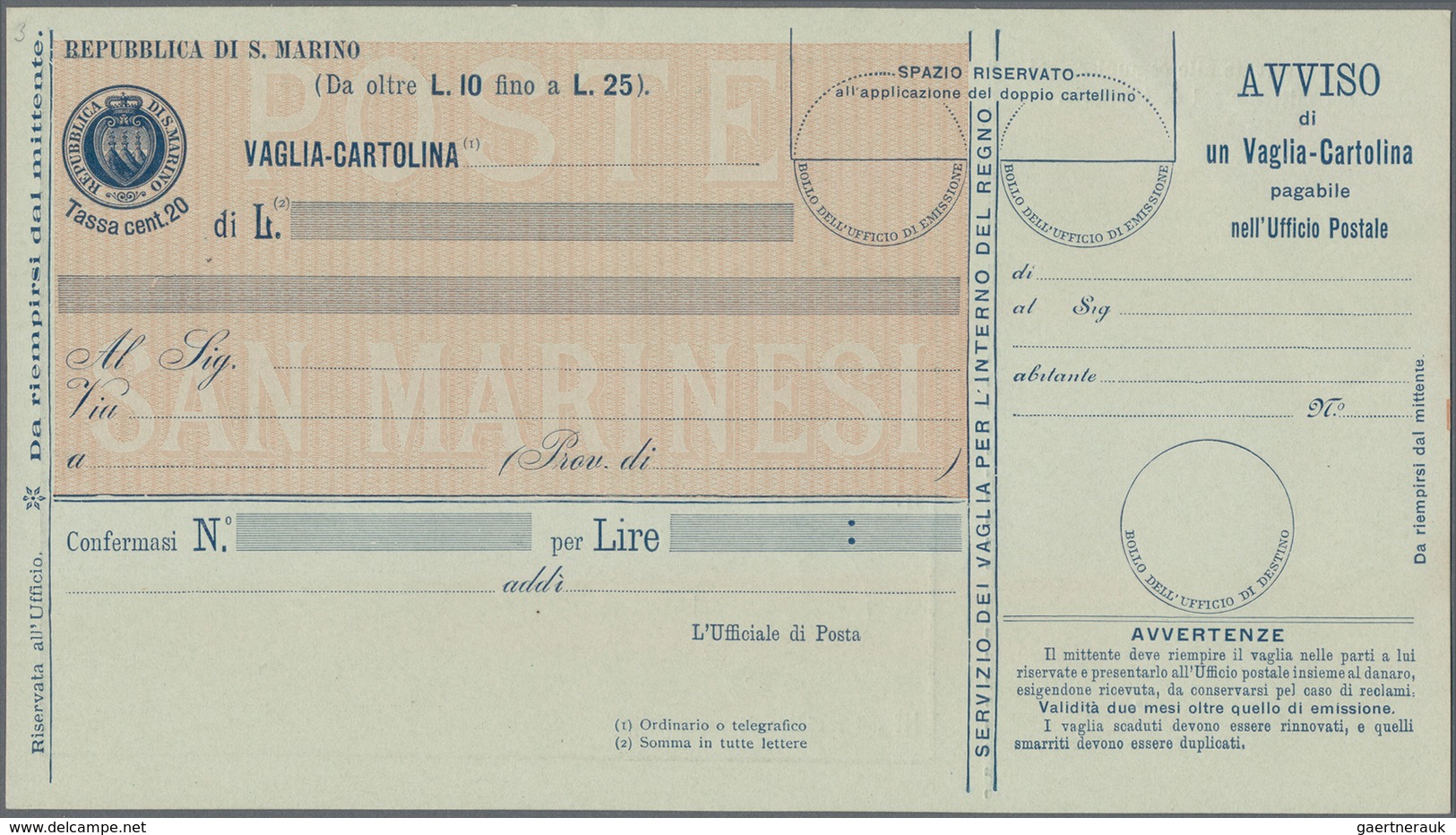San Marino - Ganzsachen: 1903. Money Order Postal Stationeries, 05 C - 80 C, Complete Set Of Six Min - Ganzsachen