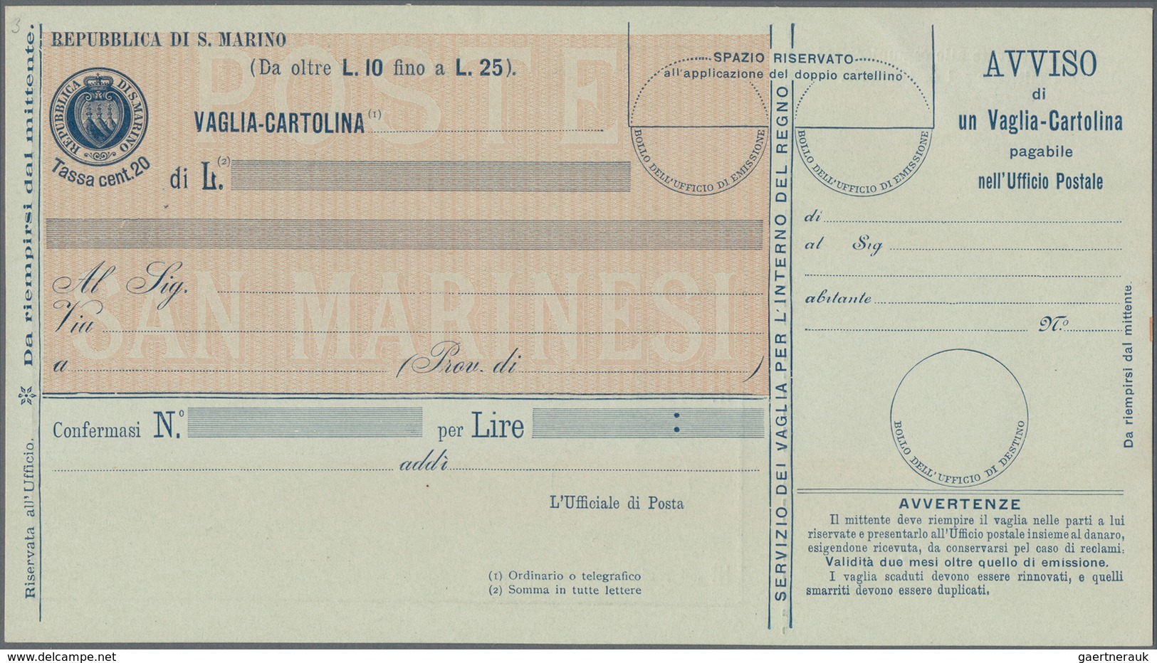 San Marino - Ganzsachen: 1903. Money Order Postal Stationeries, 05 C - 80 C, Complete Set Of Six Min - Postal Stationery