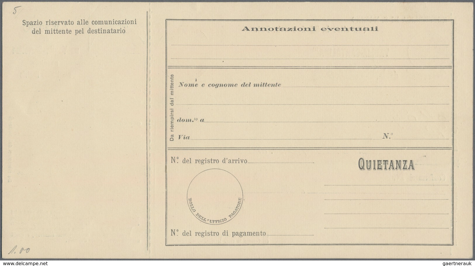 San Marino - Ganzsachen: 1903. Money order postal stationeries, 05 c - 80 c, complete set of six min