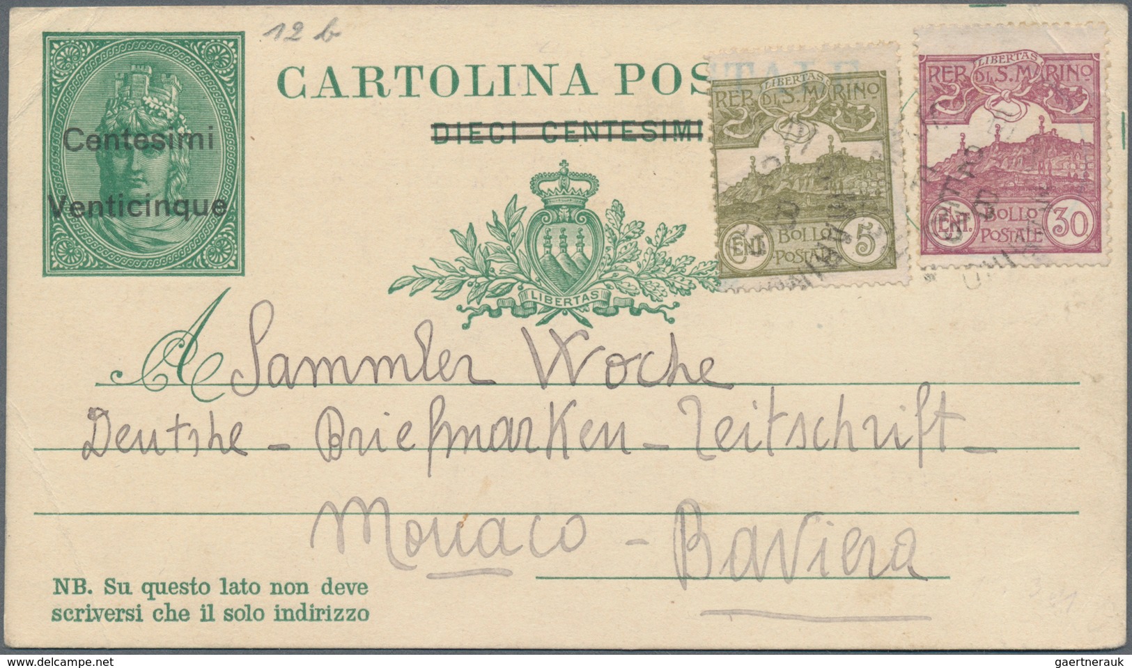 San Marino - Ganzsachen: 1921: 25 C On 10 C Green Postal Stationery Card, With 5 C Olive And 20 C Br - Postal Stationery