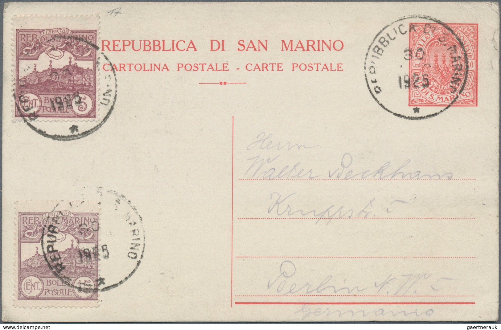 San Marino - Ganzsachen: 1925. 40 C Red Postal Stationery Card And 40 + 40 C Postal Stationery Doubl - Postwaardestukken