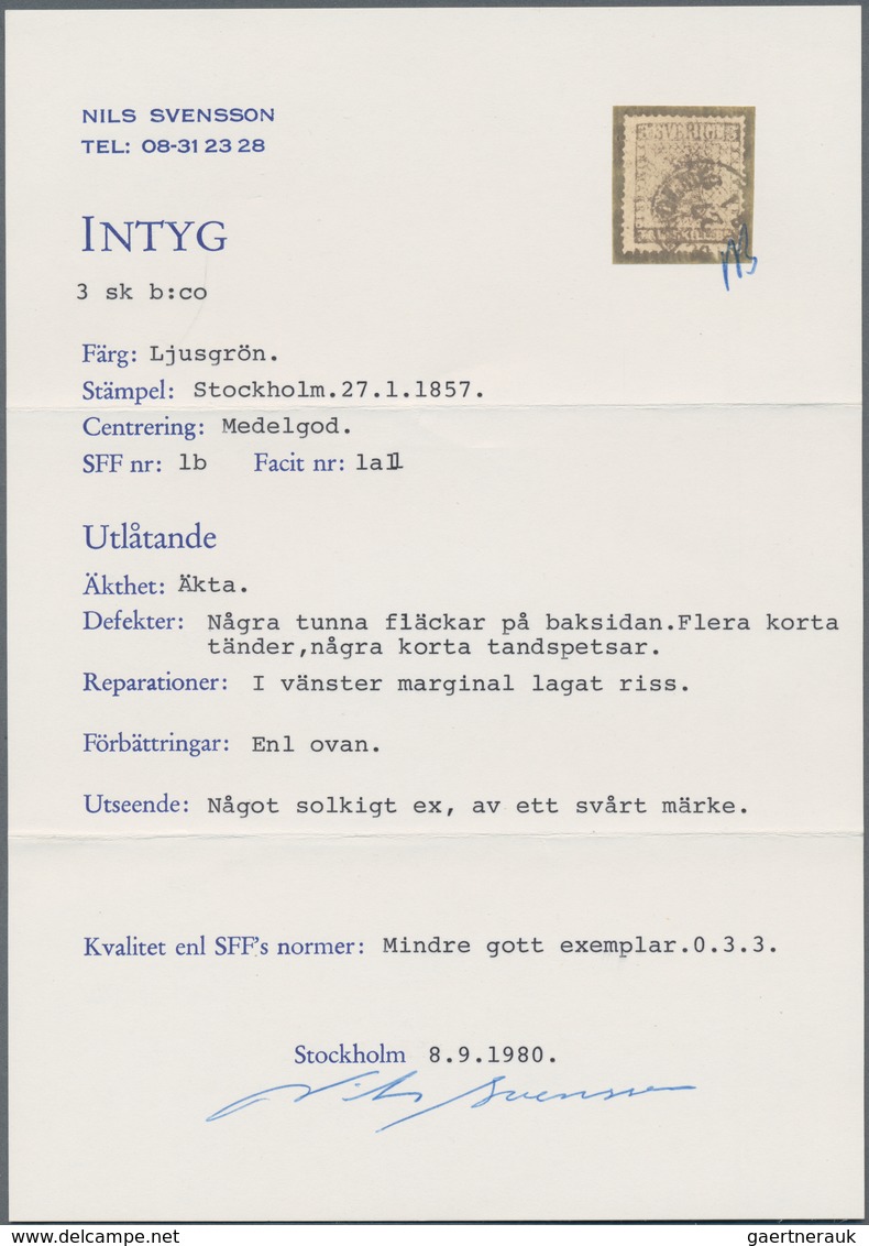 Schweden: 1855 TRE SKILL Bco. Light Bluish Green, Used And Cancelled By Small "STOCKHOLM/27/1/1857" - Gebraucht