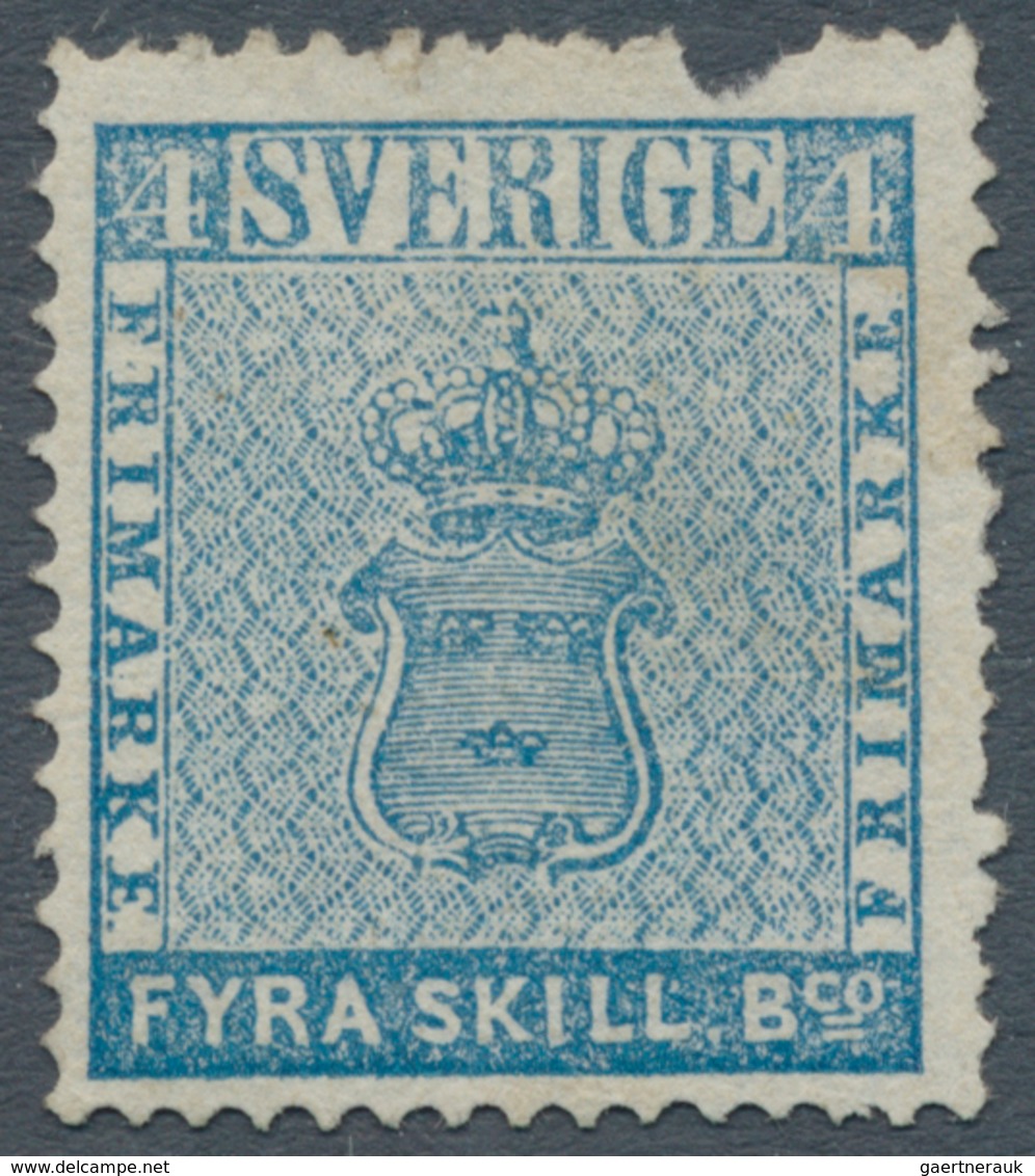 Schweden: 1855, FYRA SKILL. Bco. Blue, Fresh Colour, Unused Without, Gum, Tear At Top And One Perf. - Gebruikt