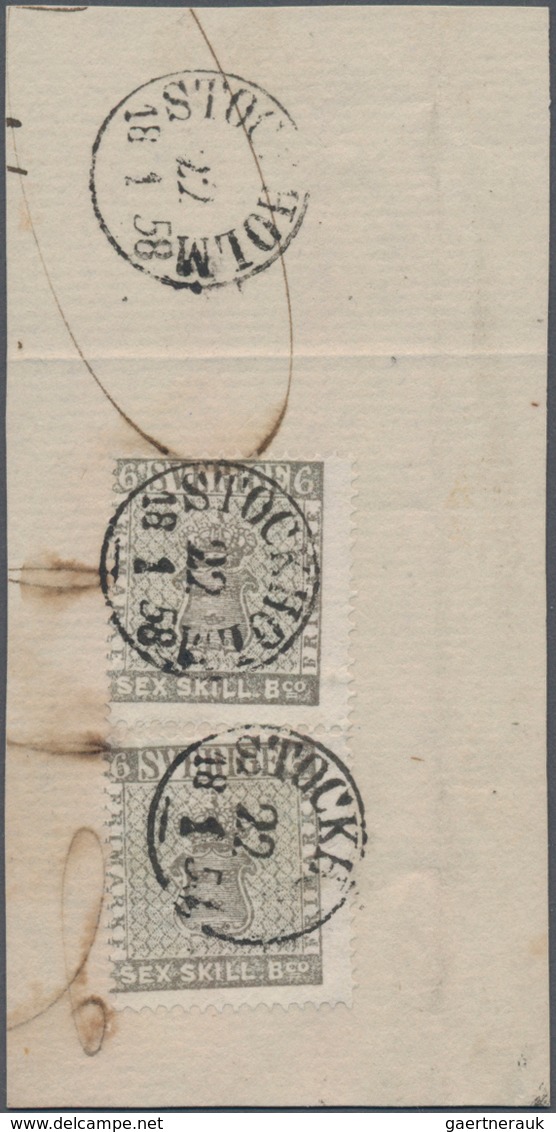 Schweden: 1855 SEX SKILL Bco. Brownish Grey Pair (almost Separated) Used On Piece And Tied By "STOCK - Gebraucht