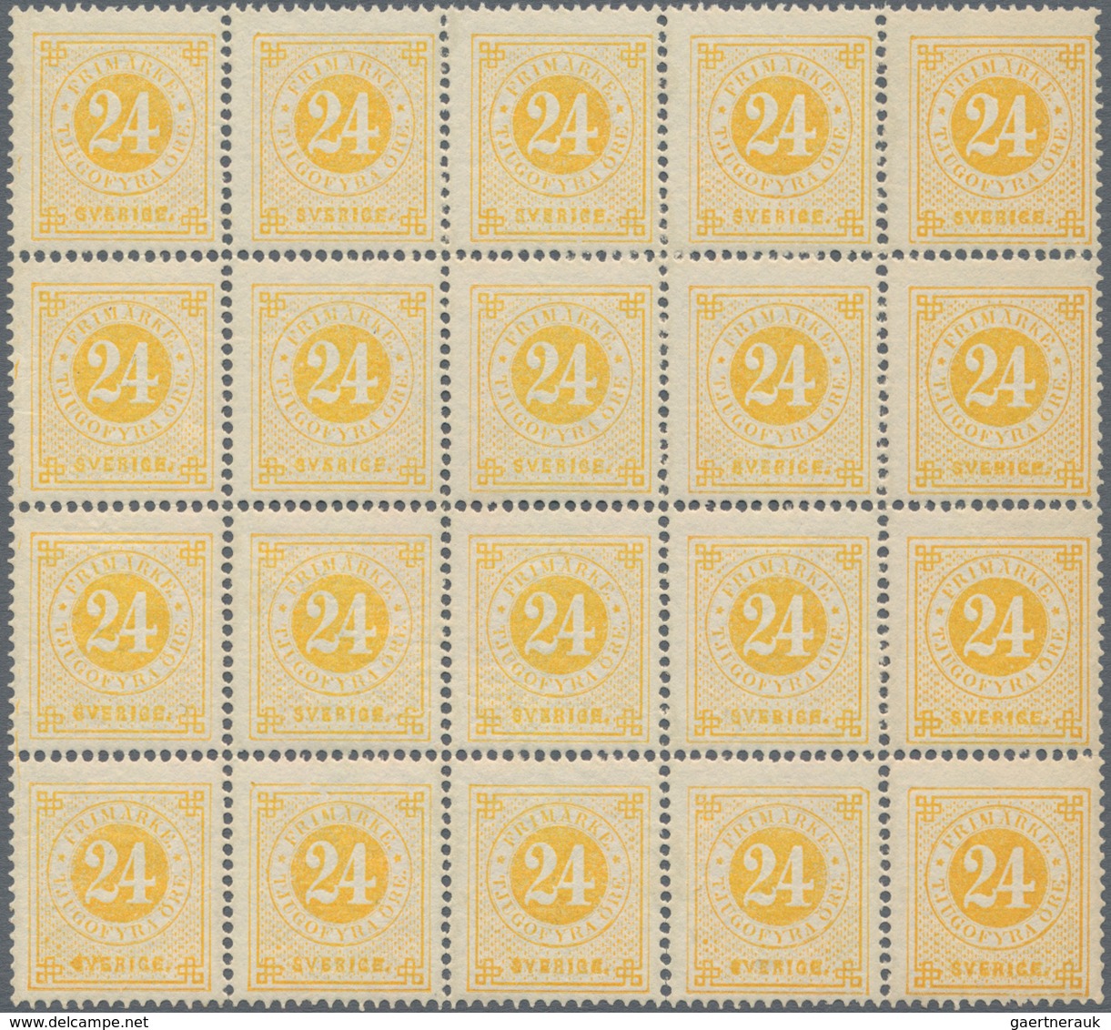 Schweden: 1878, Circle Type 24öre Yellow Perf. 13 Block Of 20, MNH But Some Slight Toning Neverthele - Gebruikt