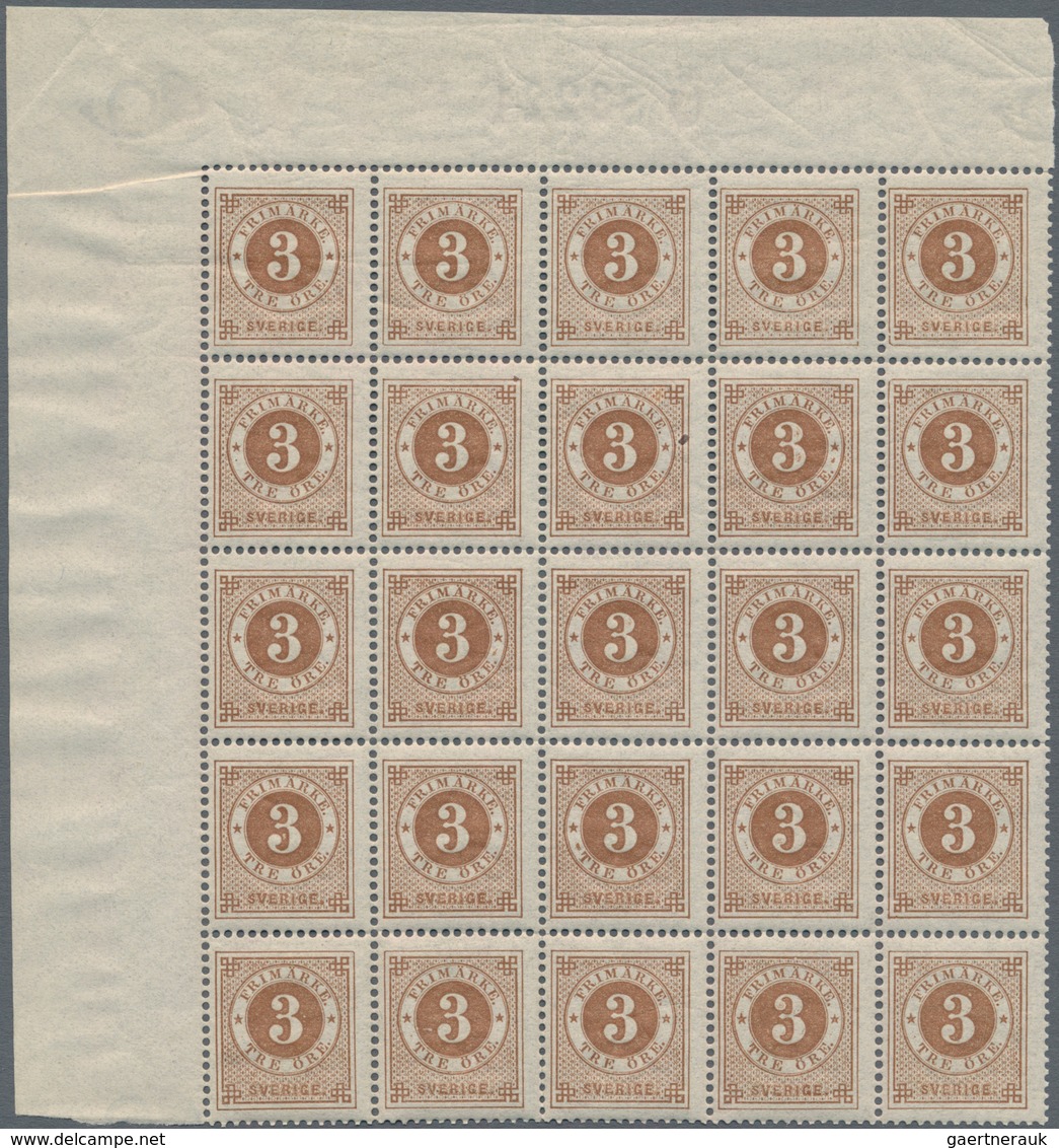 Schweden: 1887, Circle Type 3öre Brown With Blue Posthorn On Back Block Of 25 From Upper Left Corner - Used Stamps