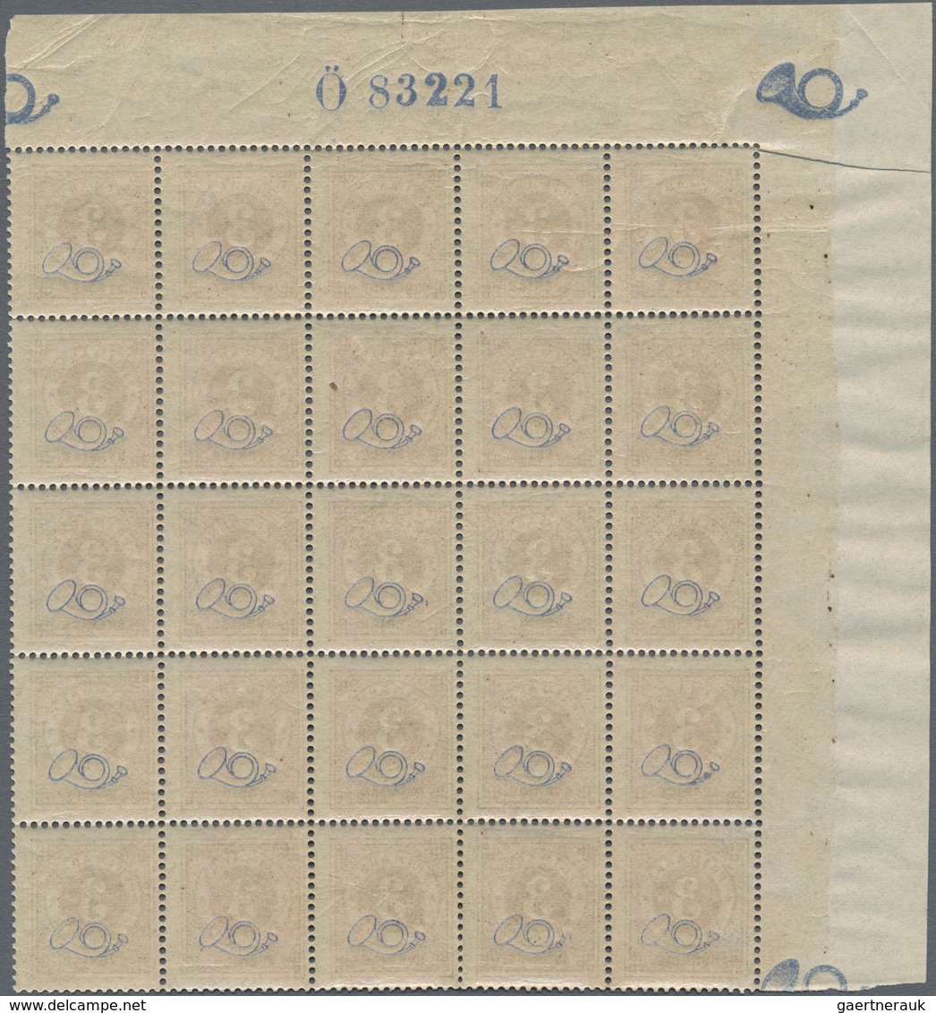 Schweden: 1887, Circle Type 3öre Brown With Blue Posthorn On Back Block Of 25 From Upper Left Corner - Gebruikt