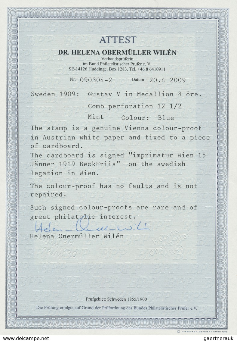 Schweden: 1909 Gustav V. Medallion: Set of eight different Vienna colour proofs on Austrian white pa
