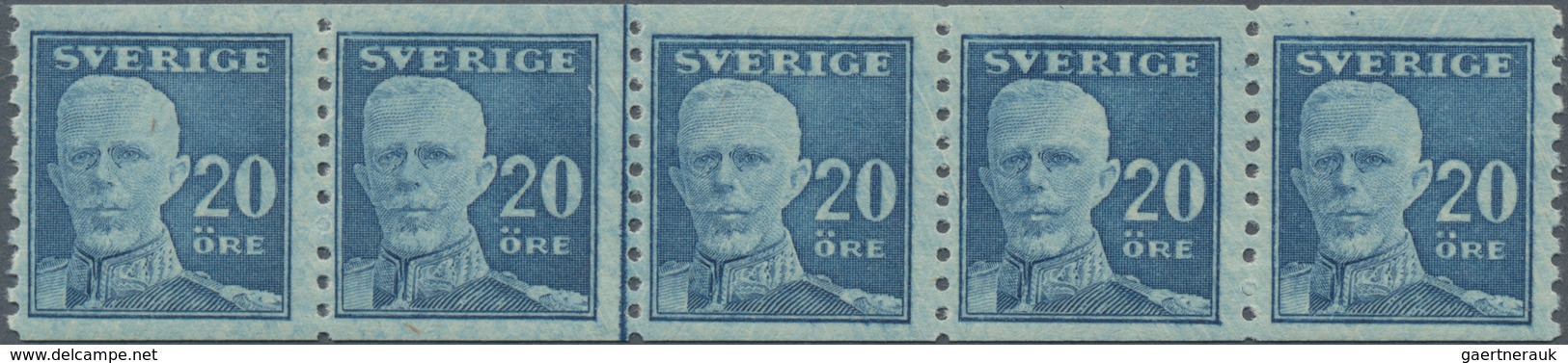 Schweden: 1920, King Gustaf V. Full Face 20öre Blue Vert. Perf. Without Wmk. Horizontal Strip Of Fiv - Gebraucht