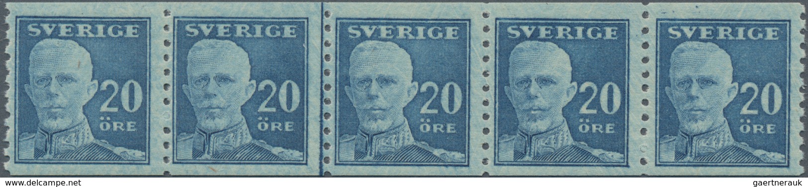 Schweden: 1920, King Gustaf V. Full Face 20öre Blue Vert. Perf. Without Wmk. Horizontal Strip Of Fiv - Used Stamps