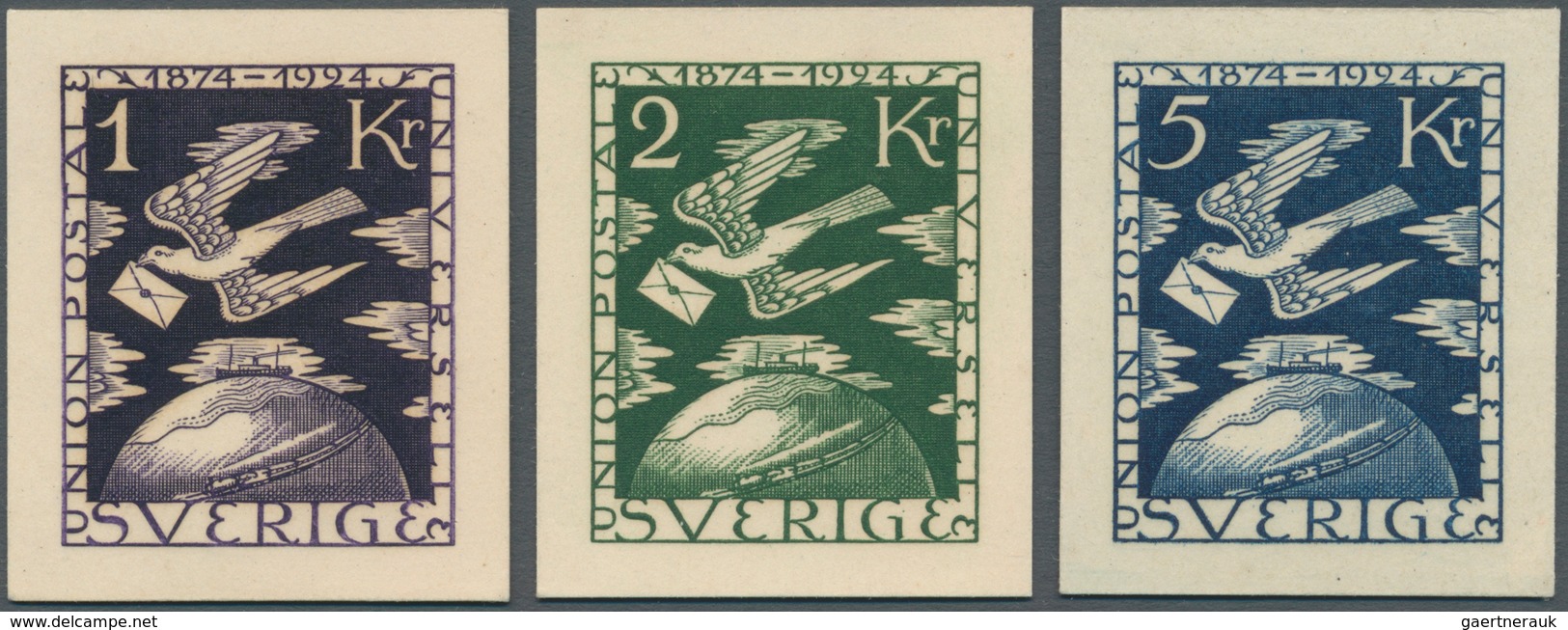 Schweden: 1924 UPU: Three Imperforated Essays On Thick Card Paper (33x39mm), Engraved, Of The Top St - Gebraucht