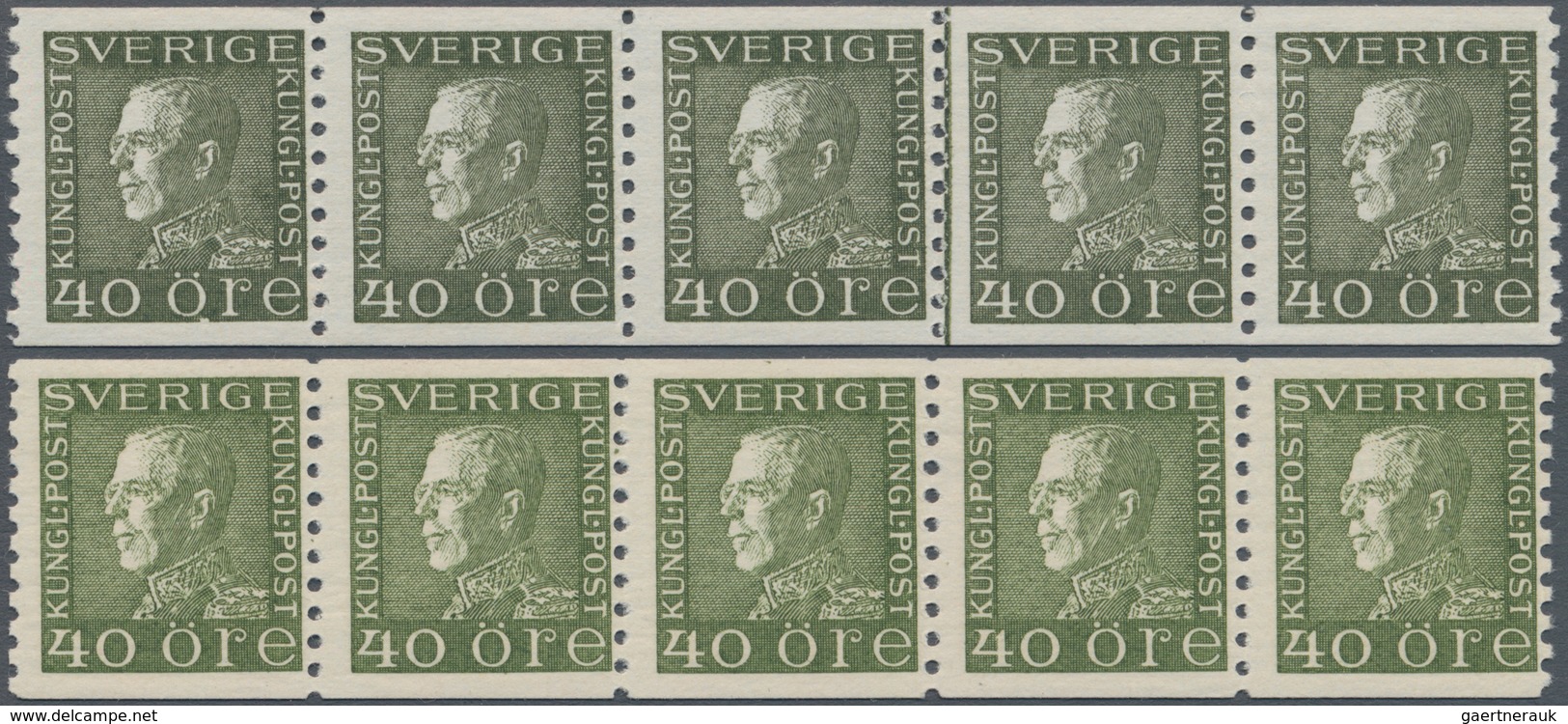 Schweden: 1934, King Gustaf V. 40öre On White Paper In Two Horizontal Strips Of Five In Different Sh - Gebruikt