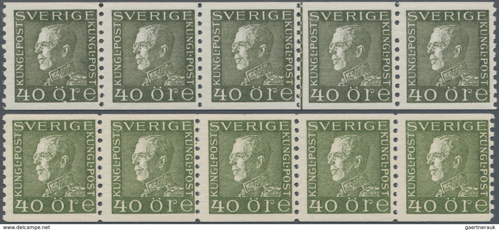 Schweden: 1934, King Gustaf V. 40öre On White Paper In Two Horizontal Strips Of Five In Different Sh - Used Stamps