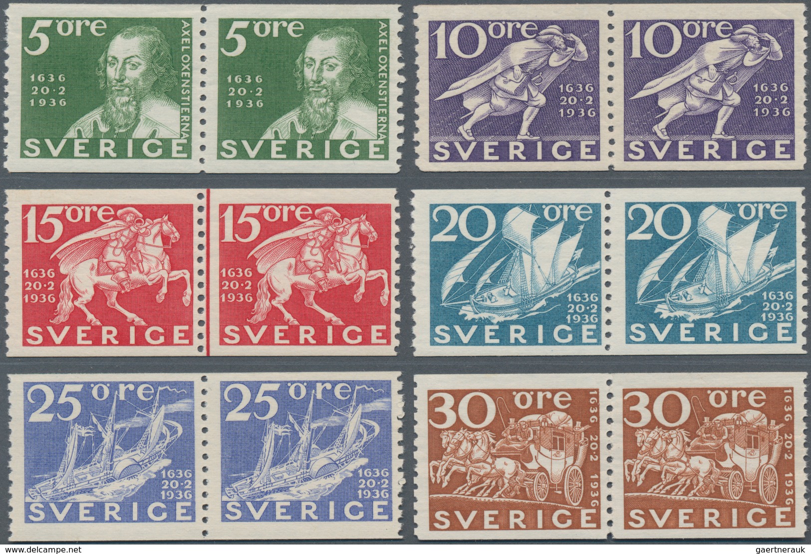 Schweden: 1936, Tercentenary Of Swedish Post Complete Set Of 12 Vertical Perforated Stamps In Horizo - Gebraucht