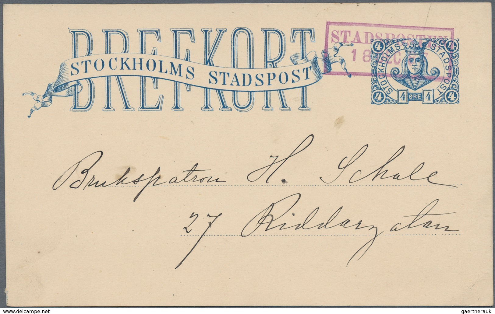 Schweden - Privatpostmarken: 1887, "STOCKHOLMS STADSPOST", Used 4 Öre Stationery Card - Andere & Zonder Classificatie
