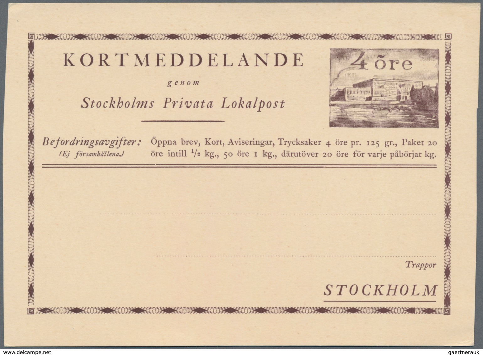 Schweden - Privatpostmarken: 1930 Ca., 4 Öre Stationery Card "Stockholms Privata Lokalpost" Unused. - Andere & Zonder Classificatie