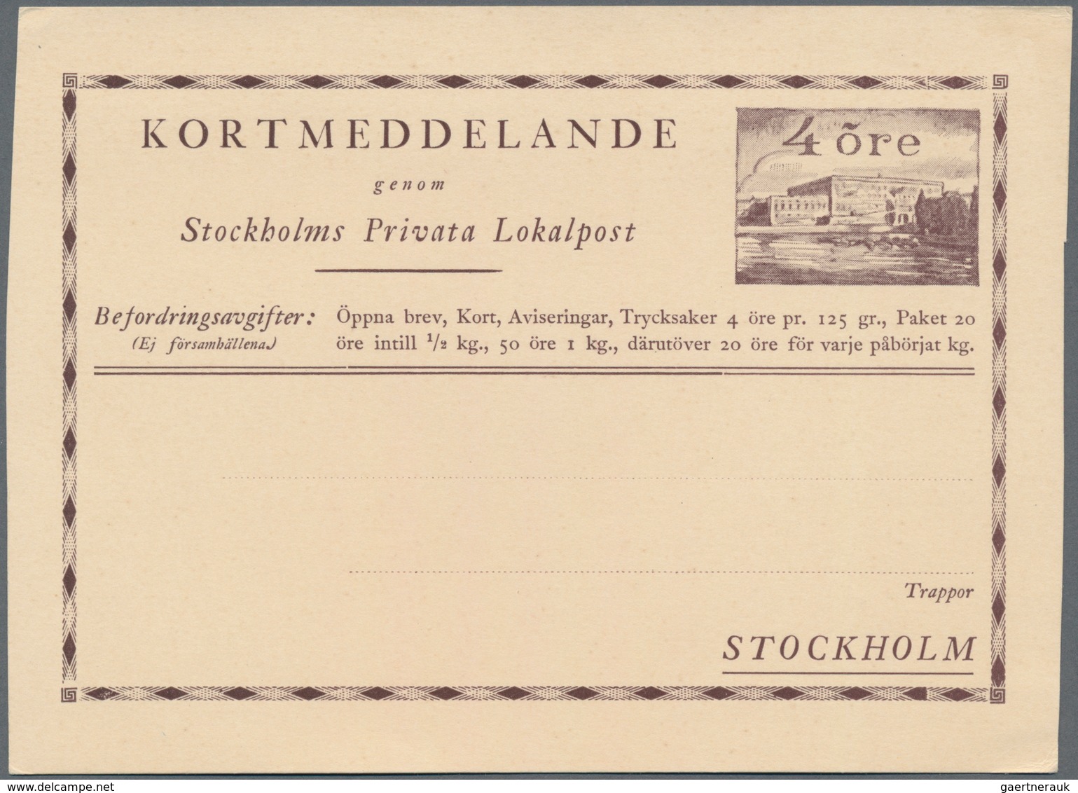 Schweden - Privatpostmarken: 1930 Ca., 4 Öre Stationery Card "Stockholms Privata Lokalpost" Unused. - Other & Unclassified