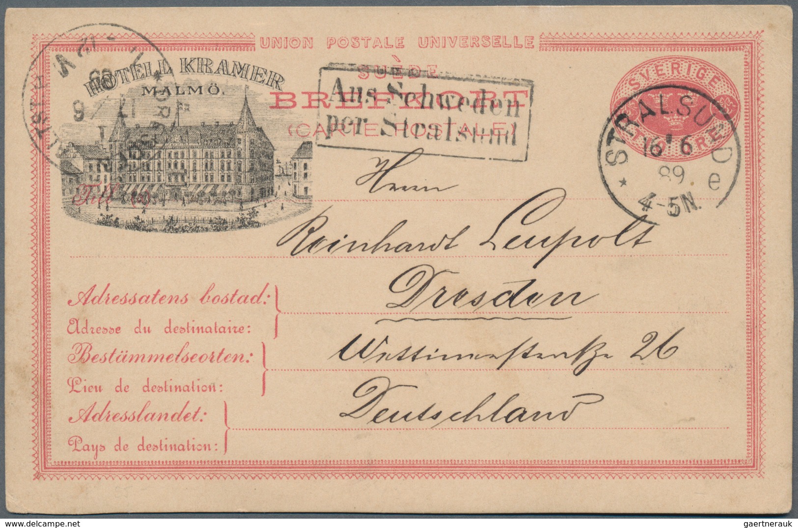 Schweden - Ganzsachen: 1889/1897, Two Postal Stationery Cards With Additional Private Hotel Printing - Postwaardestukken