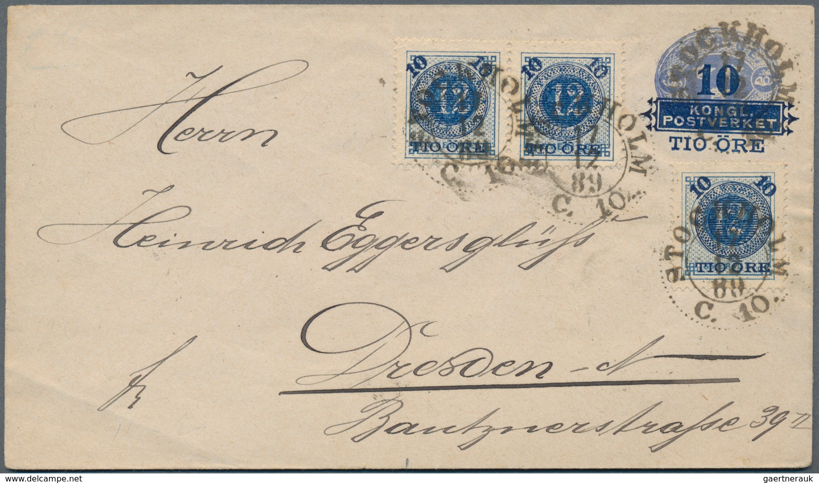 Schweden - Ganzsachen: 1889 Postal Stationery Provisional Envelope 10 øre On 12 øre Blue Used From S - Ganzsachen