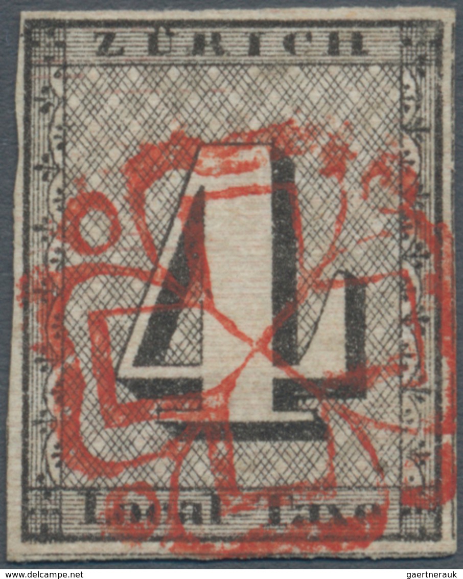 Schweiz - Zürich: 1843, 4 Rp. Schwarz Mit WAAGERECHTEM ROTEM LINIENUNTERDRUCK, Entwertet Mit Klar Un - 1843-1852 Federale & Kantonnale Postzegels