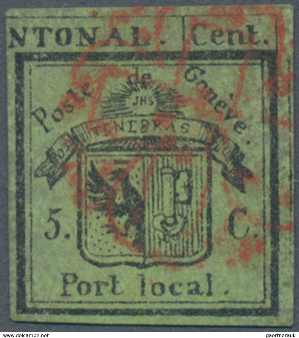 Schweiz - Genf: 1843, 5+5 C Schwarz A. Grünlicholiv Mit Roter Rossette Als SPERATI-FÄLSCHUNG - 1843-1852 Kantonalmarken Und Bundesmarken