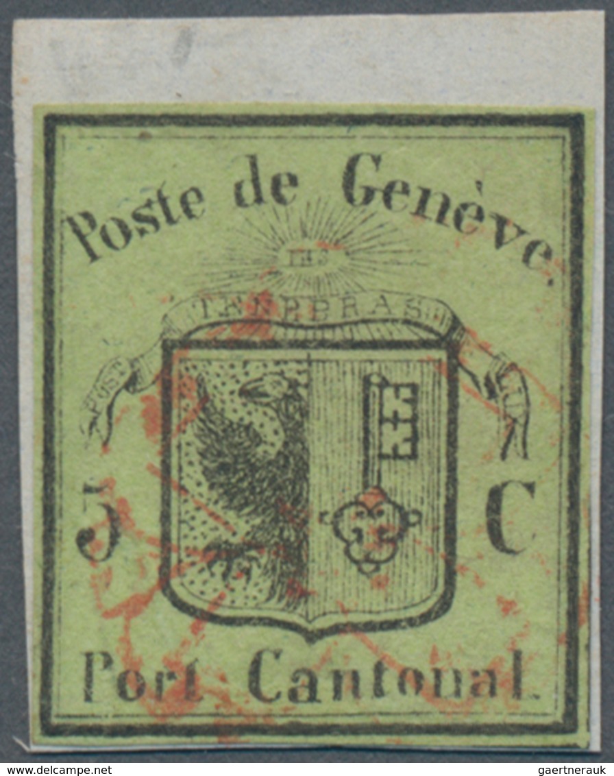 Schweiz - Genf: 1845 Kleiner Adler 5 C. Schwarz/gelbgrün, Gebraucht Und Entwertet Mit Roter Rosette - 1843-1852 Kantonalmarken Und Bundesmarken