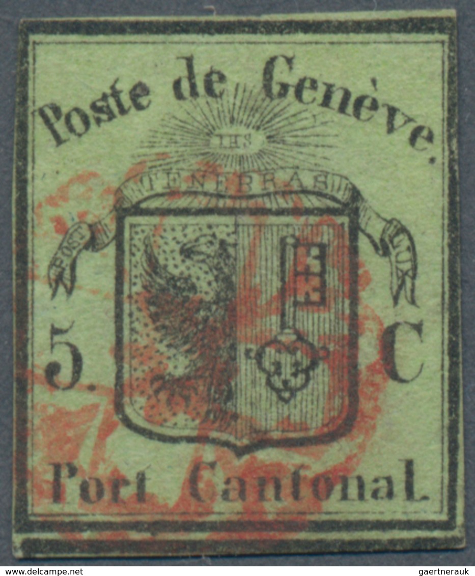 Schweiz - Genf: 1845, 5 C Schwarz Auf Lebhaftgelboliv Entwertet Mit Roter Rossette, Die Marke Ist Fa - 1843-1852 Federale & Kantonnale Postzegels
