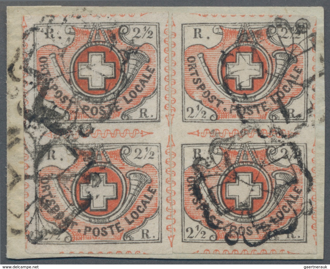 Schweiz: 1850, 2x 2½ Rp. "Winterthur" Rot Und Schwarz, Je Im Senkrechten Paar Als VIERERBLOCK Gekleb - Andere & Zonder Classificatie