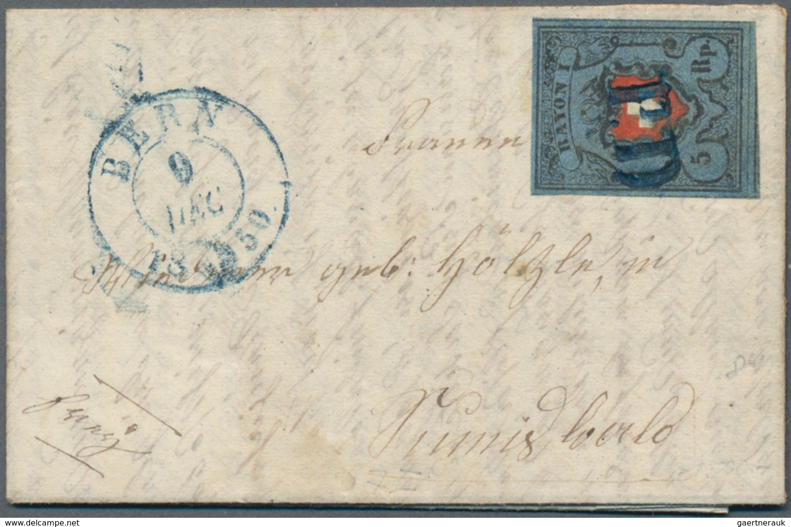 Schweiz: 1850 Rayon I 5 Rp. Schwarz/karmin/dunkelblau, Type 21 Ohne KE, Verwendet Auf Komplettem Kle - Other & Unclassified