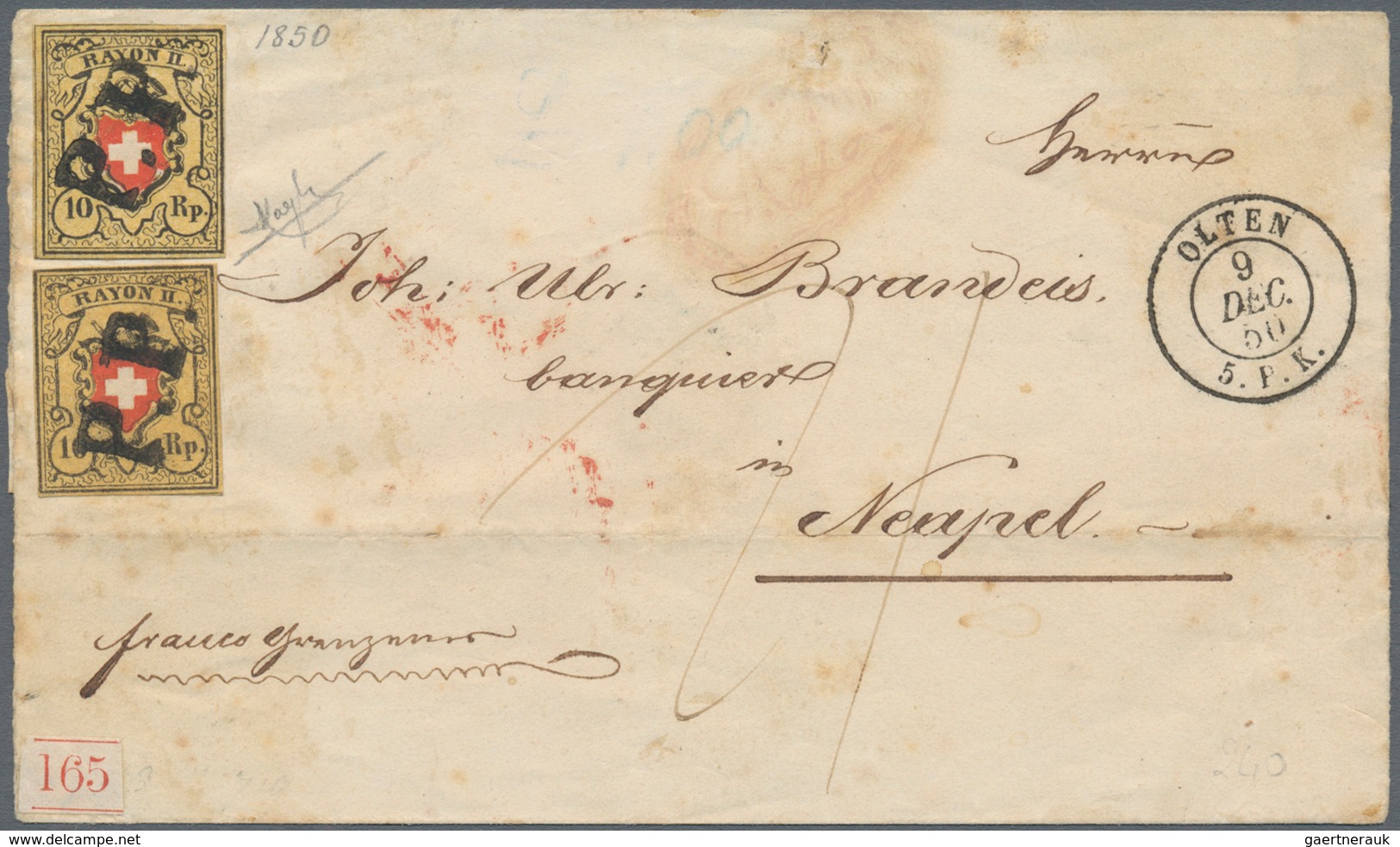 Schweiz: 1850, Briefkuvert Von Olten Nach NEAPEL Via Mailand, Frankiert Mit Zwei Einzelmarken Rayon - Autres & Non Classés