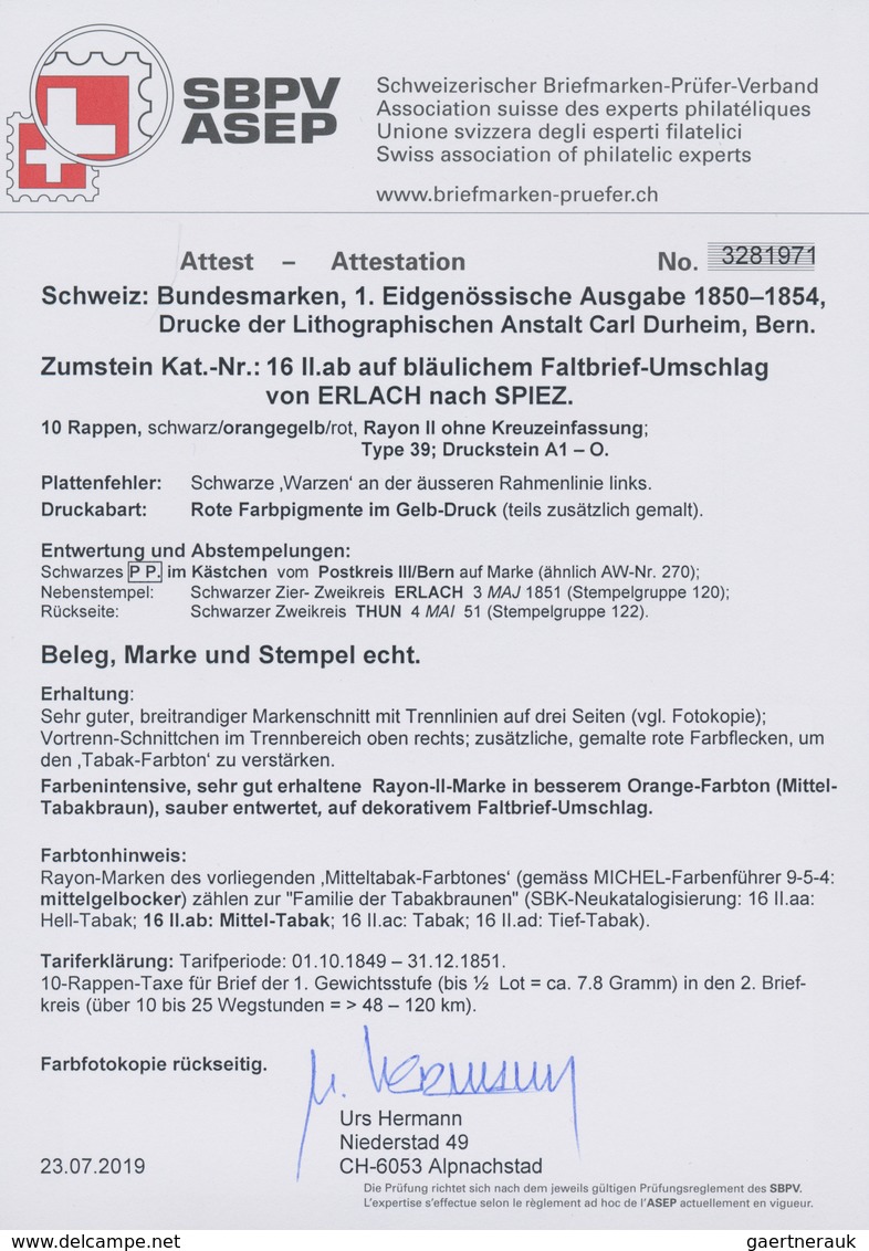 Schweiz: 1850 Rayon II 10 Rp. Schwarz/orangegelb/rot, Type 39, Stein A1-O, Plattenfehler 'Warzen' Am - Other & Unclassified