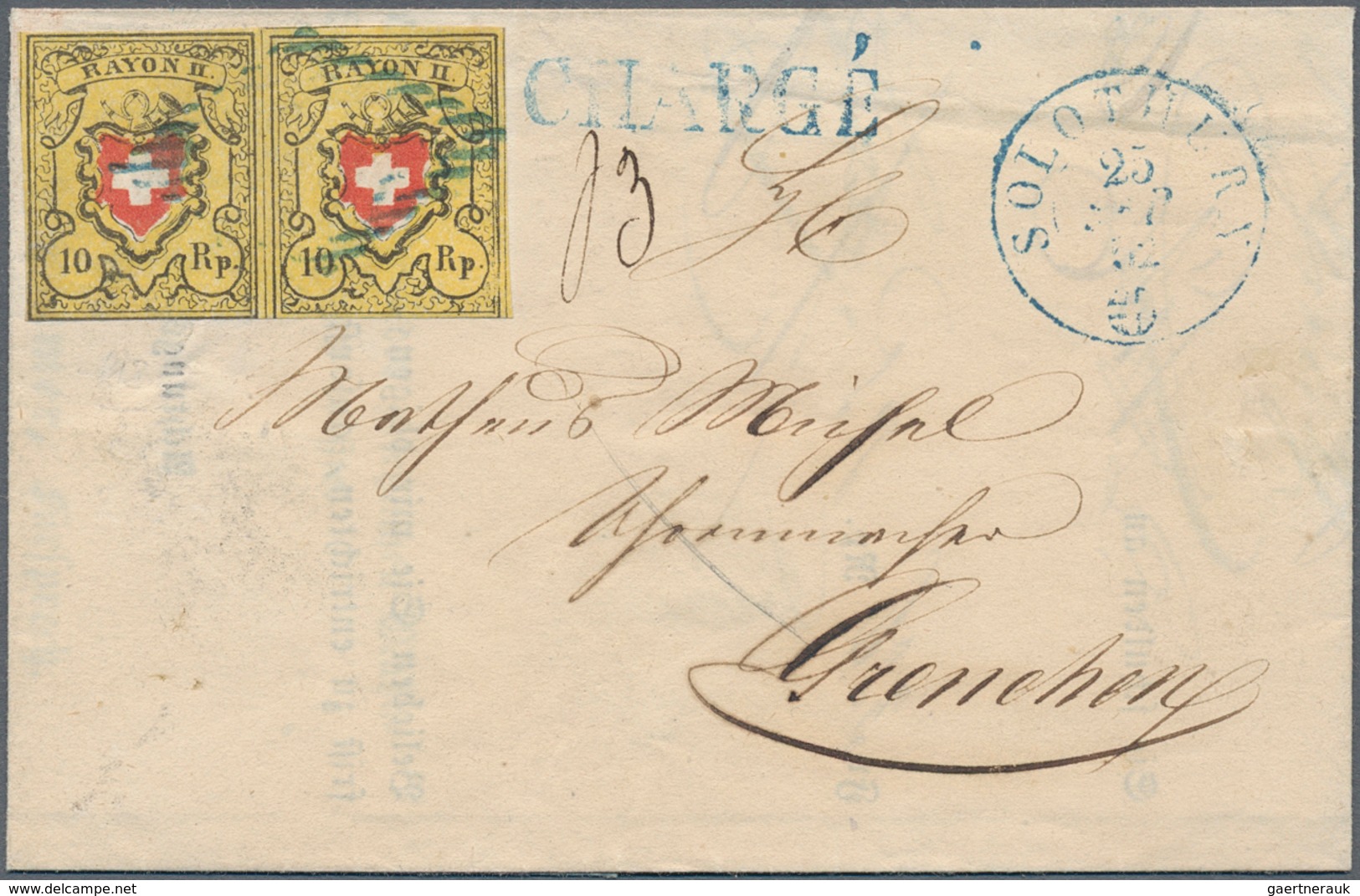 Schweiz: 1850 Rayon II 10 Rp. Im Waagerechten Paar Der Typen 38+39 Vom Druckstein D (RU) Auf Chargé- - Other & Unclassified