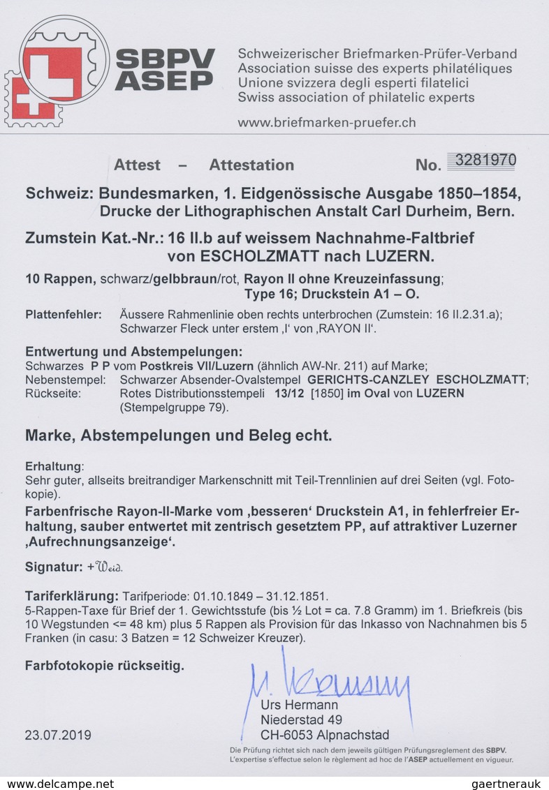 Schweiz: 1850 Rayon II 10 Rp. Schwarz/gelbbraun/rot, Type 16, Stein A1-O, Plattenfehler 'Äußere Rand - Other & Unclassified
