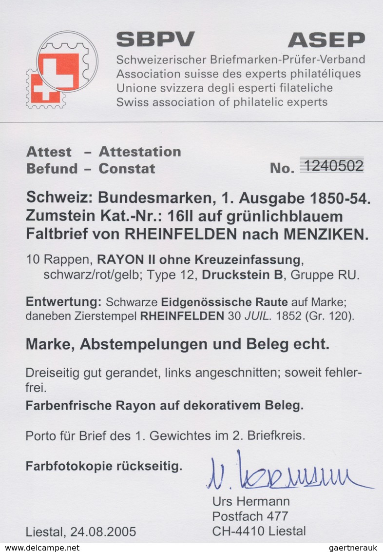 Schweiz: 1850, 10 Rp RAYON II Ohne Kreuzeinfassung, Type 16, Stein B-RU Auf Faltbrief Von RHEINFELDE - Sonstige & Ohne Zuordnung